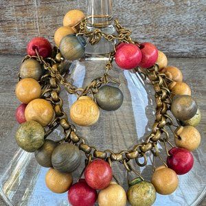 Vintage Dangling Wooden Bead Charm Bracelet - Soft Red Blue Green & Natural